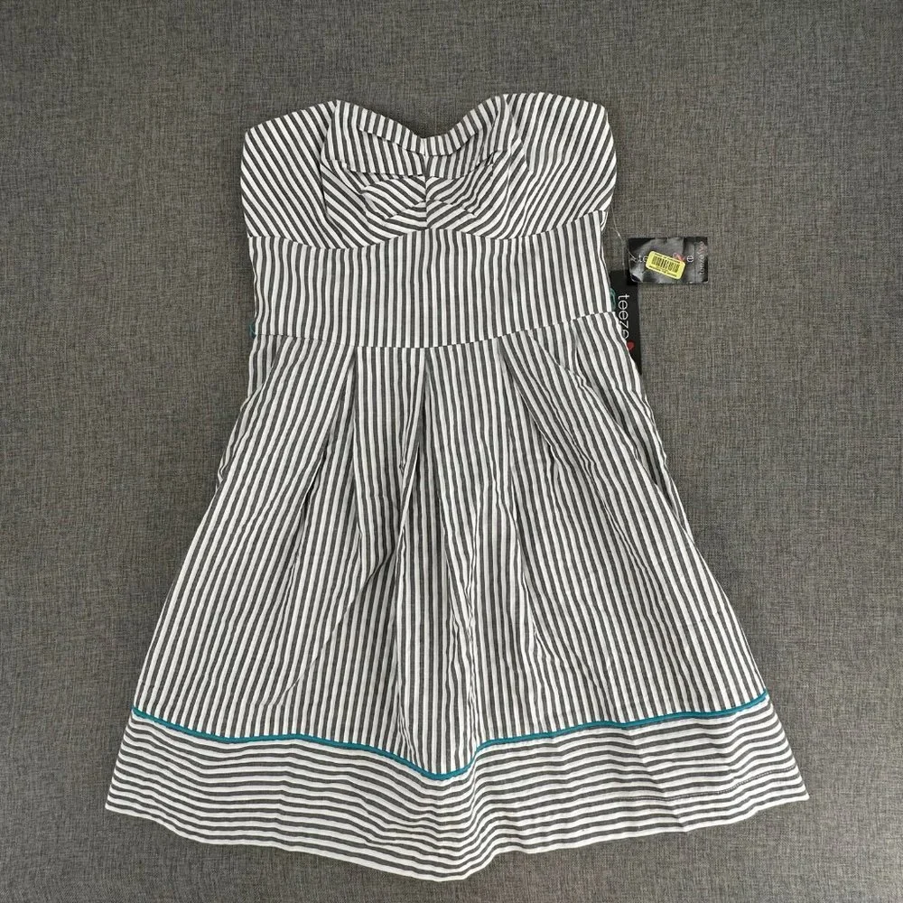 Brand New Teeze Me Dress Strapless Blue & White Size 5 Zipper Closure Cotton